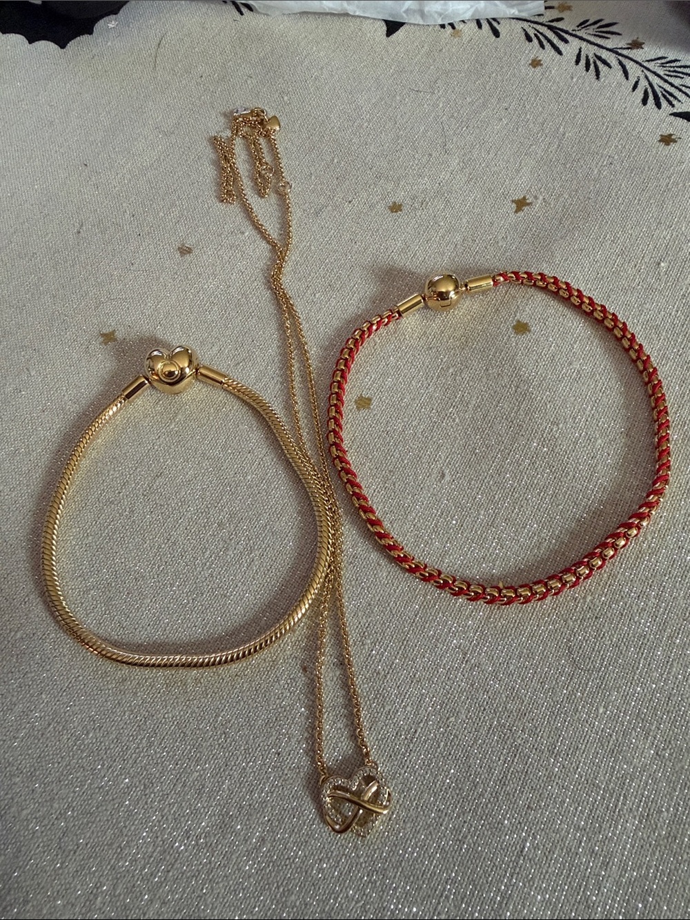 Pandora Gold Necklace with Gold Bracelet and Red-Trim Bracelet # 5